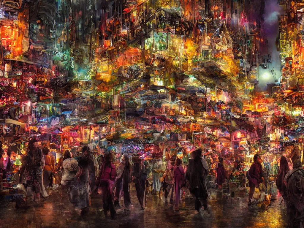 Prompt: hyperrealistic matte painting, a solemn night, defied by spirit, pulse, and flow, the vibrant echoes of the market, drifters, traders, collectors, and travelers, within radiate connection, forming an oasis of vivid lights within the shallow city, dark, vibrant people, vivid color, crowded people, huts, stores, close up, artistic style, eye level shot, by John Salminen and Carl Gustaf Hellqvist