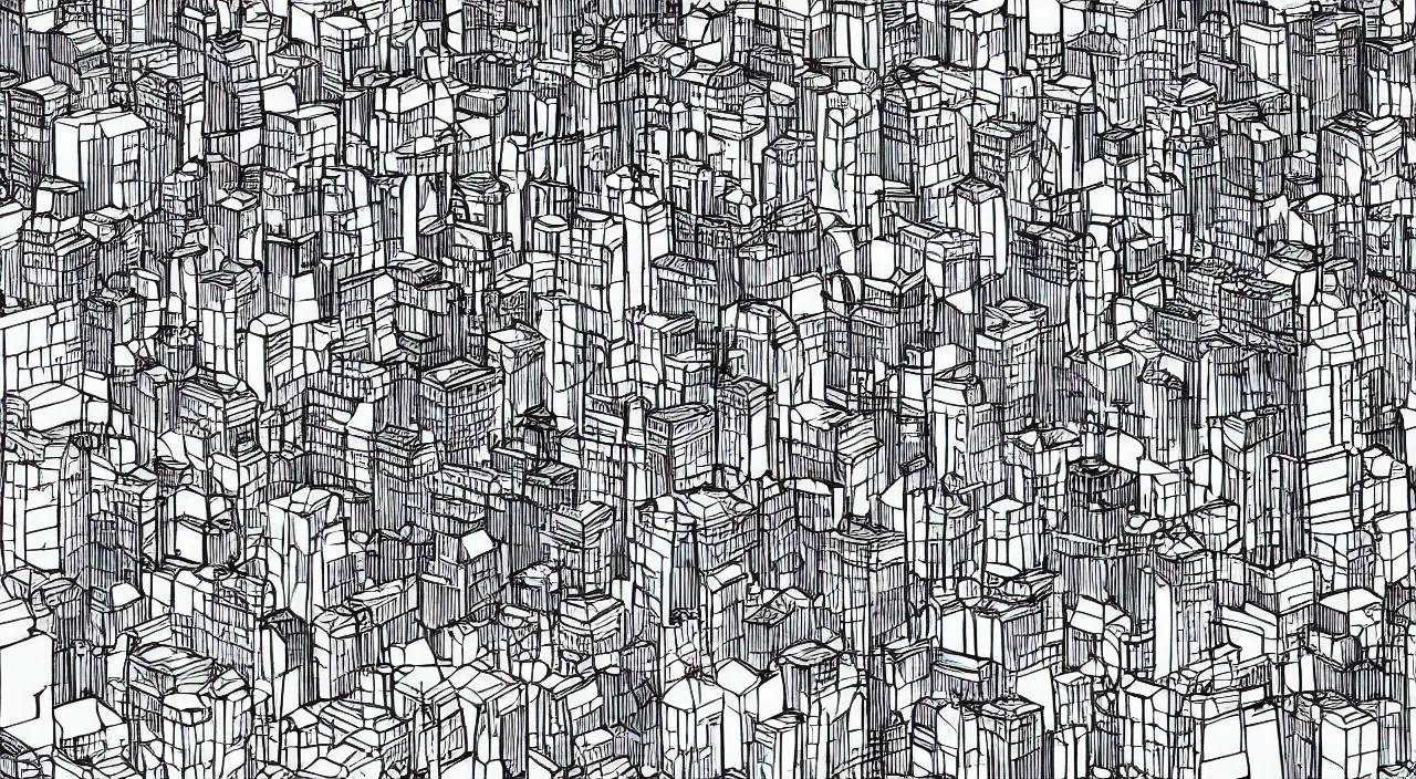 Prompt: axon drawing of a fictional dense city, in vector drawing style of charles williams