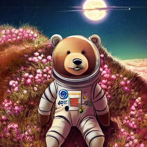 Prompt: a bear in a astronaut suit sitting on a rock on Mars surrounded by flowers, with the sky full of stars, digital art, trending on artstation, HDR