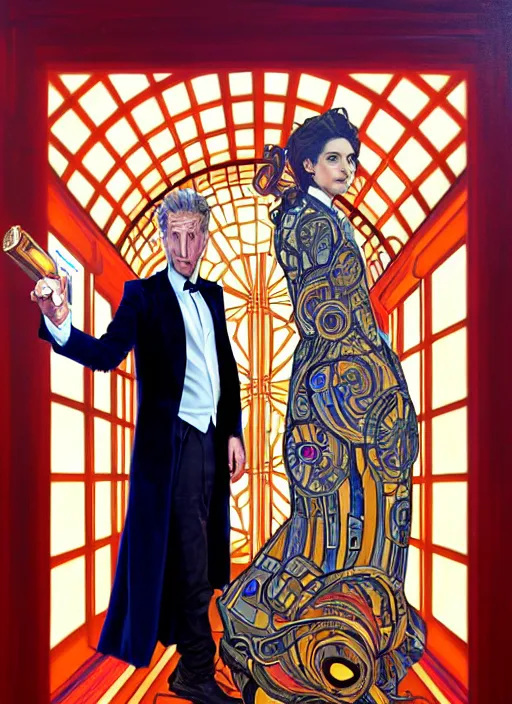 Prompt: oil painting of the twelfth doctor from doctor who with her tardis, intricate, elegant, highly detailed, lighting, painting, artstation, smooth, illustration, art by greg rutowski and alphonse mucha