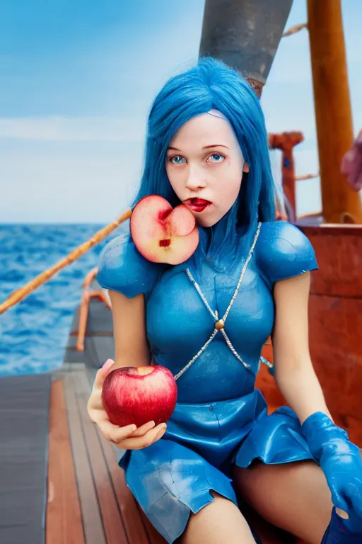 Image similar to close up of a blue skinned triton girl from dnd eating an apple and sitting on the deck of a ship, cosplay, high resolution film still, hdr color