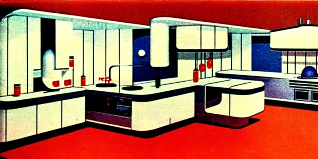 Image similar to soviet retro - futuristic kitchen, space station