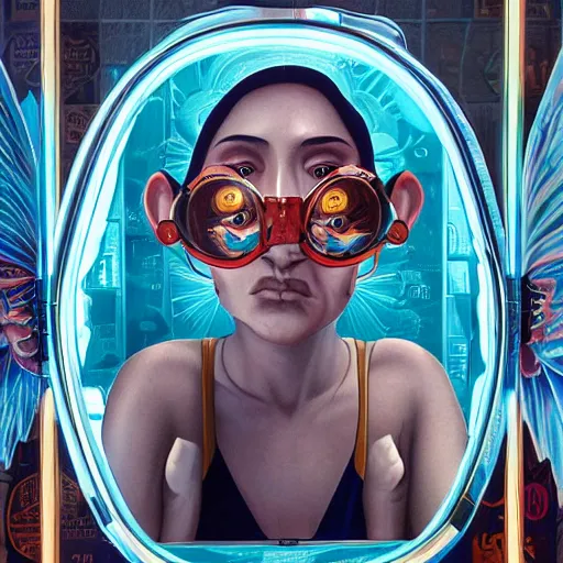 Prompt: lofi monkey in front of a mirror reflecting expression of a human face, symmetrical hands, doctors mirror, Pixar style by Tristan Eaton Stanley Artgerm and Tom Bagshaw, high detail