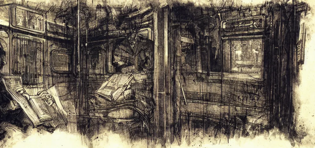 Image similar to an open book on a subway seat with ink bleeding out from the pages, by grimshaw, detailed, concept art