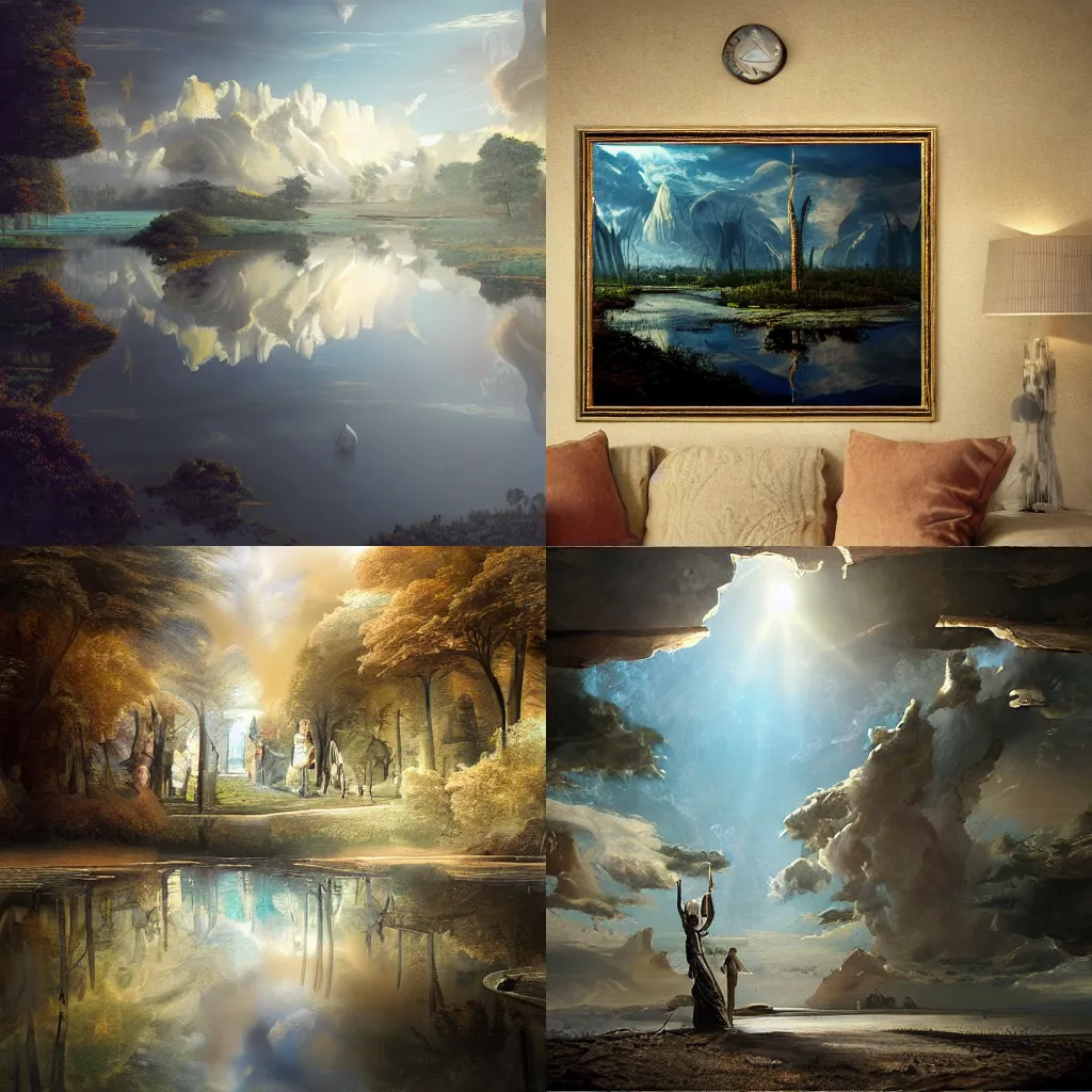 Prompt: illustration of mirror world, realistic painting, classical painting, high definition, digital art, matte painting, very detailed, realistic”