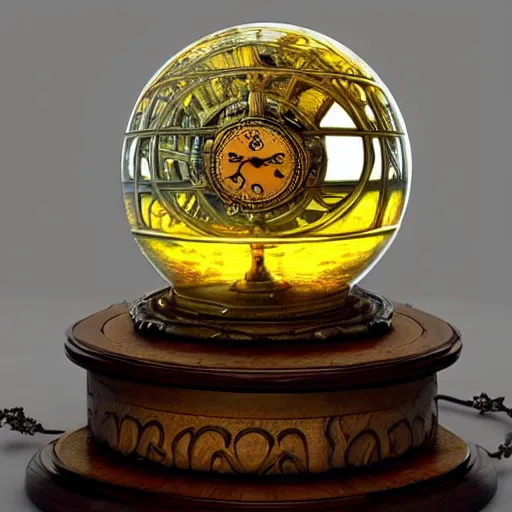 Prompt: Ornate glass sphere shaped victorian wizard's clock, intrincate details, frontal view, natural light, candle light. by Johan Georg Hainz , very realistic, ultrafine details, fantasy artwork, extreme high detail.