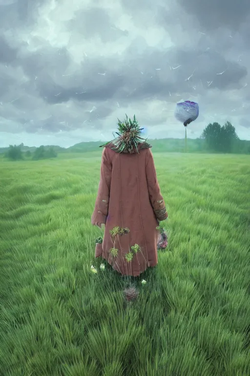 Prompt: portrait, enormous thistle flower under head, girl wearing a coat in field, surreal photography, wind, cloudy sky, dramatic light, impressionist painting, digital painting, artstation, simon stalenhag