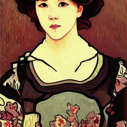 Image similar to painting of grumpy handsome beautiful man named min - jun in a maid outfit, elegant, clear, painting, stylized, art, art by alphonse mucha, vincent van gogh, egon schiele,