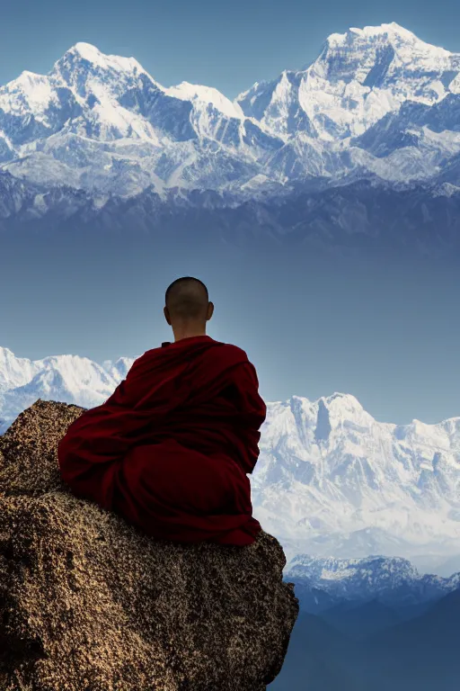 Prompt: A monk with his back to the camera sits beside a rock on the top of a mountain, looking at the snowy Himalayas in the distance, faith,4k, realistic,photography,landscape,high contrast,ultrawide shot,an expansive view,trending on artstation.