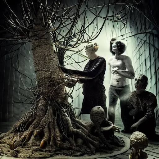 Image similar to a splornfeld enborkenmeyer forkeling the gnorkgnork under a fumfum tree while the pippies peep | artists rikolo and eric stanton with joan semmel hr giger dmitrys high contrast cinematic light, mystical shadows, sharp focus, octane render