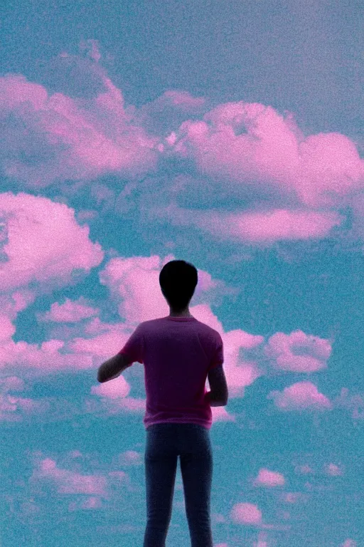 Prompt: far away kodak ultramax 4 0 0 photograph of a skinny guy looking out the window of a spaceship, back view, pink shirt, grain, faded effect, vintage aesthetic, vaporwave colors, cyber aesthetic, spaceship,