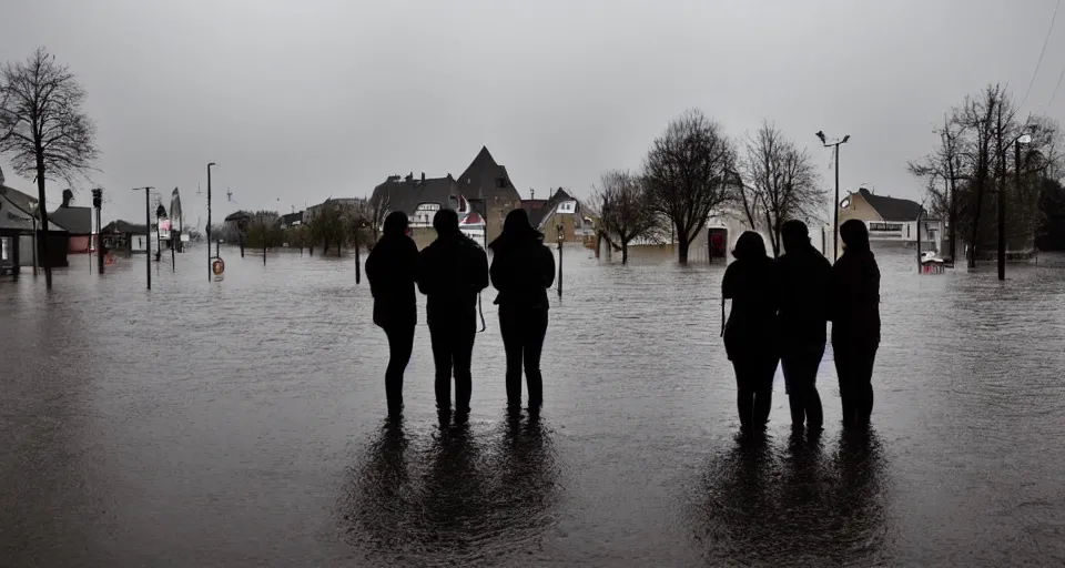 Prompt: the silhouette of 4 people standing in front of a small german town that's being flooded, stormy weather, moody lighting, medium full shot