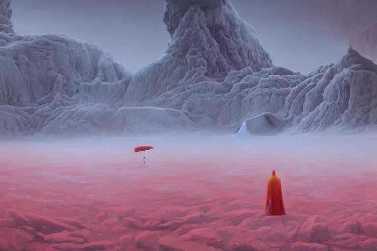 Image similar to surreal frozen landscape, painting by beeple and zdzisław beksinski, red color scheme, a matte painting by li shida, cgsociety, context art, redshift, matte painting, reimagined by industrial light and magic