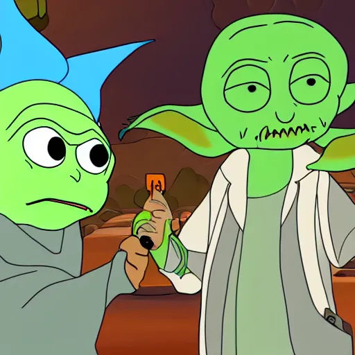 Prompt: Baby Yoda meets Rick Sanchez in Rick and morty digital art 4k detailed super realistic