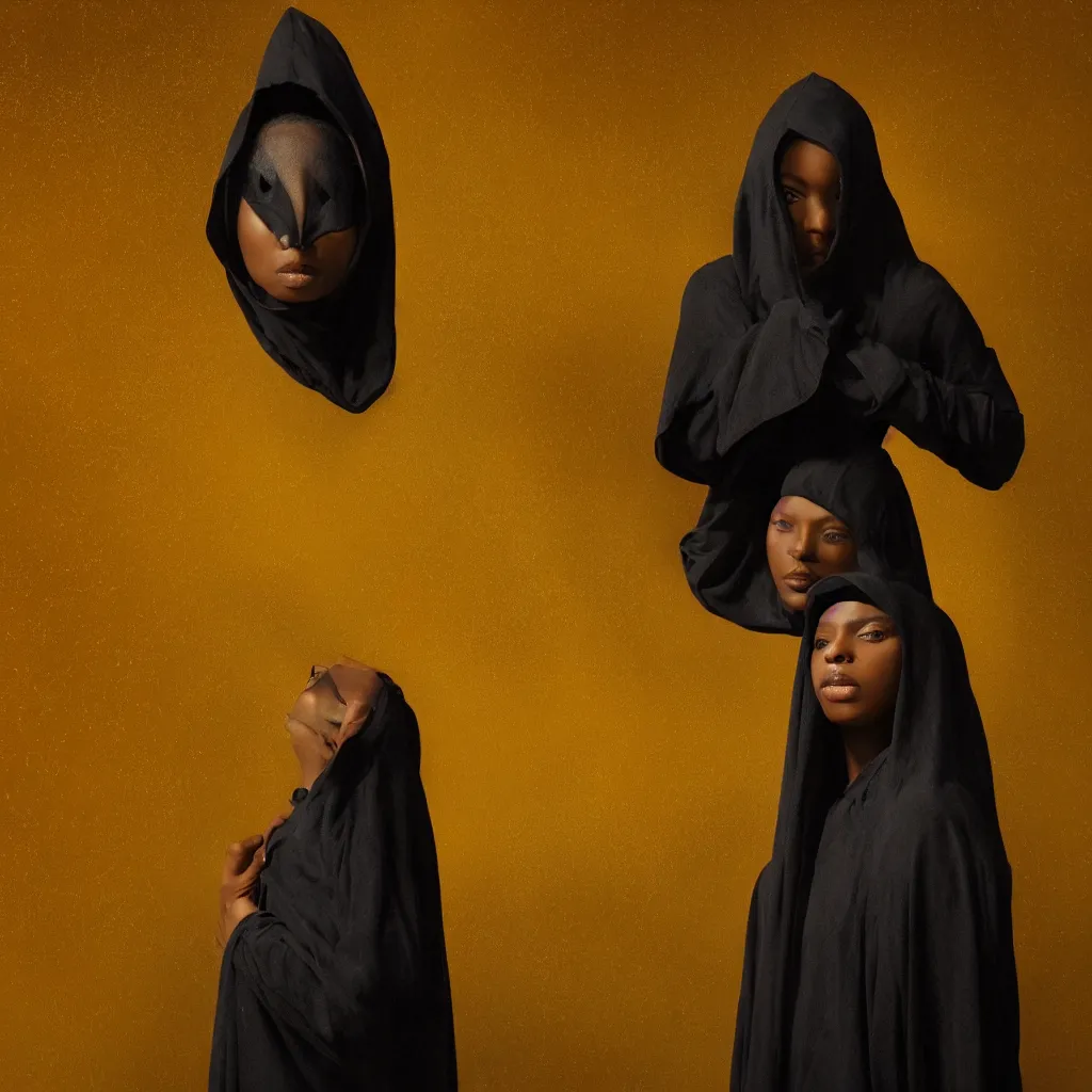 Prompt: a portrait of a young black woman wearing a long dark cloak, hood and shadows covering face, holding golden chains, oil painting, matte painting, black background, Volumetric Golden dappled dynamic lighting, Highly Detailed, Cinematic Lighting, Unreal Engine, 8k, HD, by Beksinski