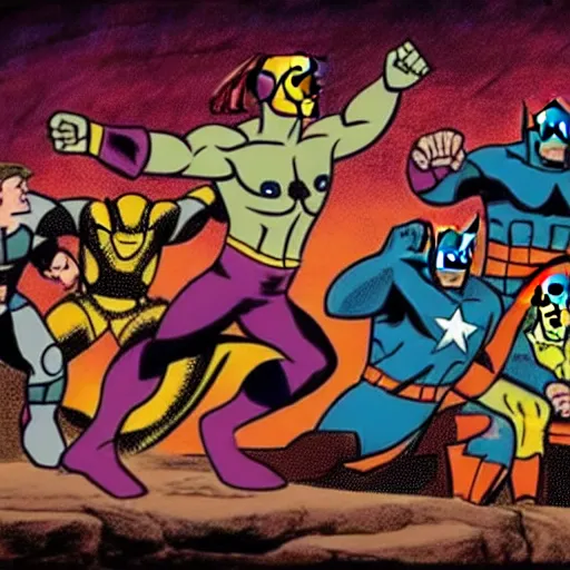 Image similar to a prehistoric cave painting of the avengers battling thanos