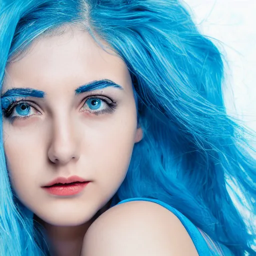 Prompt: portrait of Beautiful young woman with blue hair wearing blue mini dress, high resolution, studio photo, heavy grain