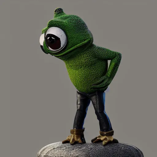 Image similar to perfectly accurate miniature figure of pepe the frog wearing jeans and a black leather jacket, soft textures, skin texture, clothing, 3d sculpture, textured, fine detail, lifelike, photo, high resolution, octane render, post processing, after effects, trending on artstation