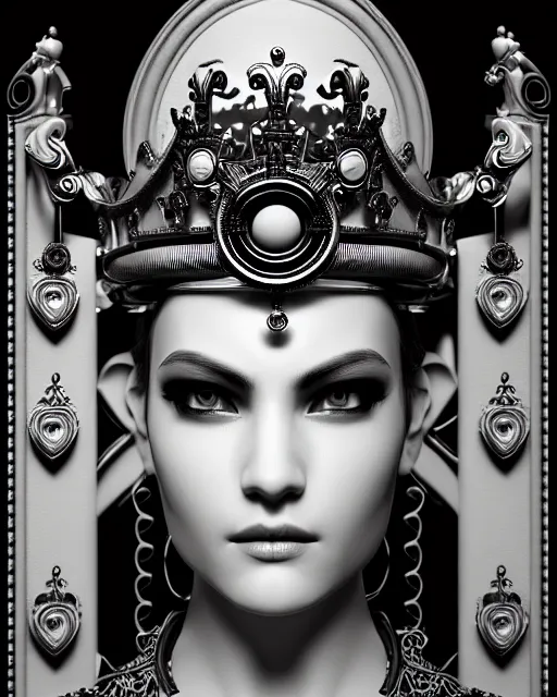 Prompt: black and white side portrait ultra detailed, beautiful female android with steampunk mechanical detailed ornate skin, crown, deity, sharp focus, highly detailed global illumination, concept art. 8 k