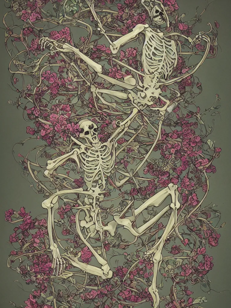 Image similar to a skeleton covered in flowers in a dynamic pose, art nouveau, james jean, peter mohrbacher, highly detailed, soft lighting,