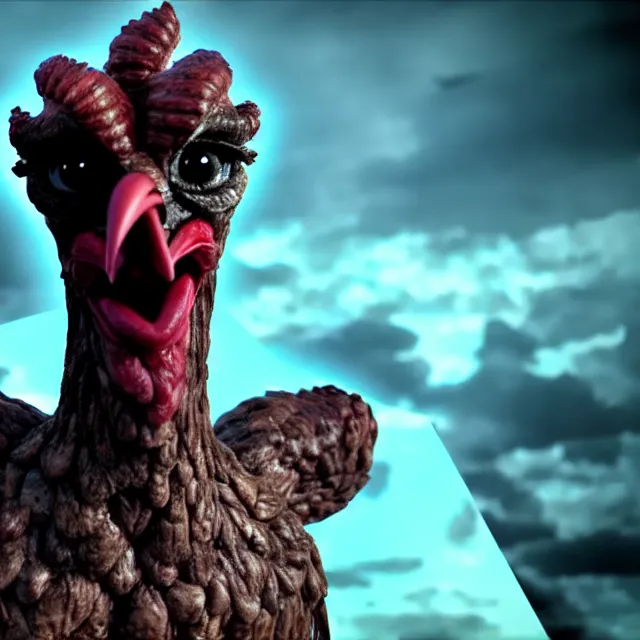 Prompt: giant grotesque horrible chicken - human - hybrids failed experiment by super villain mad scientist full cinematic scene, 4 k