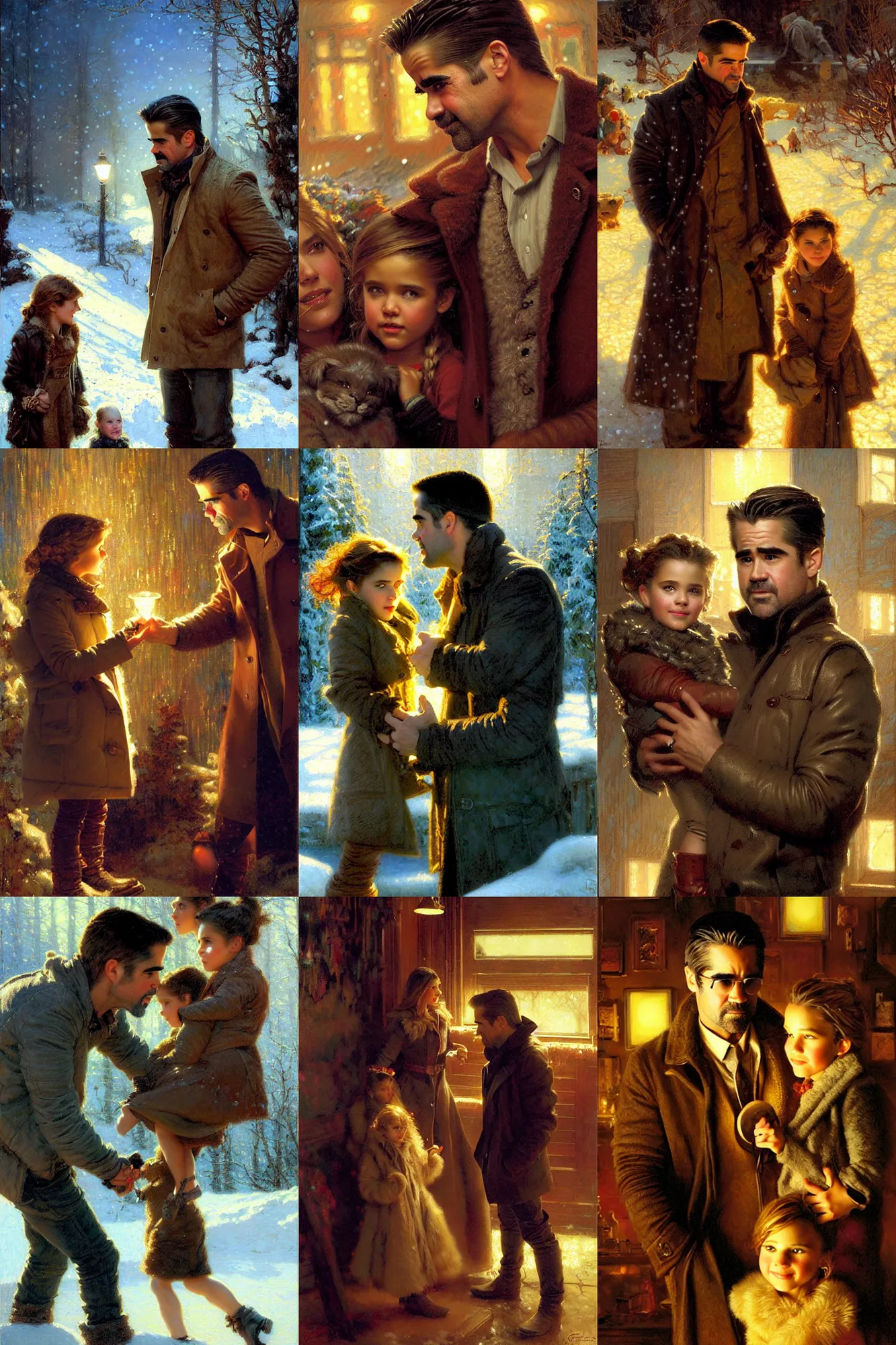 Image similar to winter, family, colin farrell with jessica alba, with a kid, neon light, detailed faces, painting by gaston bussiere, craig mullins, j. c. leyendecker