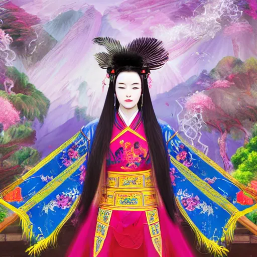 Prompt: A comic book style portrait painting of a gorgeous sword dance Chinese costume woman , long hair, smoke, feathers flying, flowers rain everywhere, full body XIANXIA, Chinese temple, depth of field, 4k