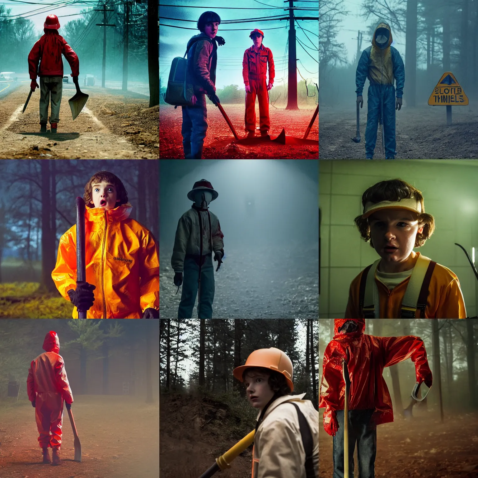 Prompt: still from stranger things, extreme long shot, a man in a bloody hazmat suit, big shovel, blood, award winning photo, high detail, atmospheric, 8k