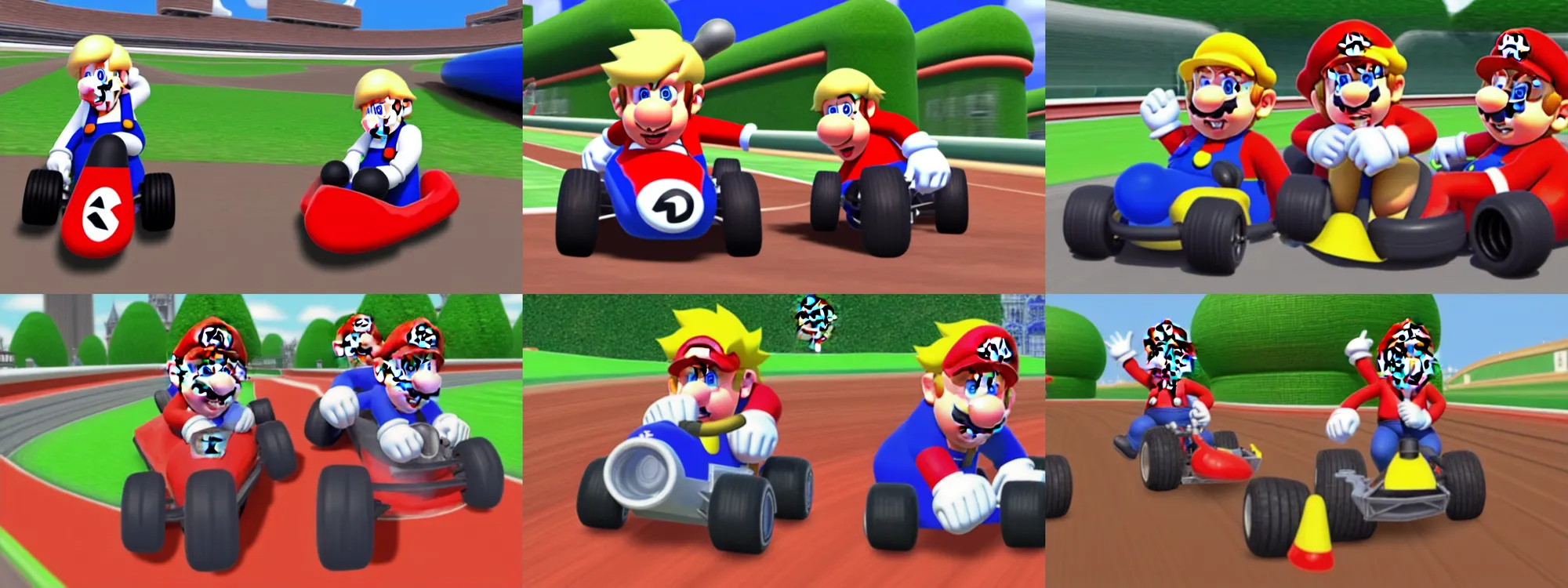 Prompt: Boris Johnson as a character in mario kart double dash, red shell. Dirt track, trumpets in corner of image. Game render