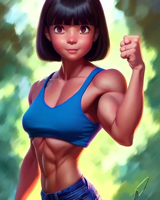 Prompt: real girl muscular dora the explorer showing her abs, fine detail!! anime!! realistic shaded lighting!!, kim hyun joo, digital painting by ilya kuvshinov, magali villeneuve, artgerm, jeremy lipkin and michael garmash and rob rey