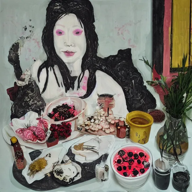 Image similar to “ a portrait in a female art student ’ s apartment, sensual, a pig theme, pork, art supplies, surgical iv bag, octopus, ikebana, herbs, a candle dripping white wax, japanese pottery, squashed berries, berry juice drips, acrylic and spray paint and oilstick on canvas, surrealism, neoexpressionism ”