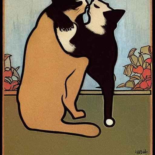 Prompt: Two cats playing with each other by mucha