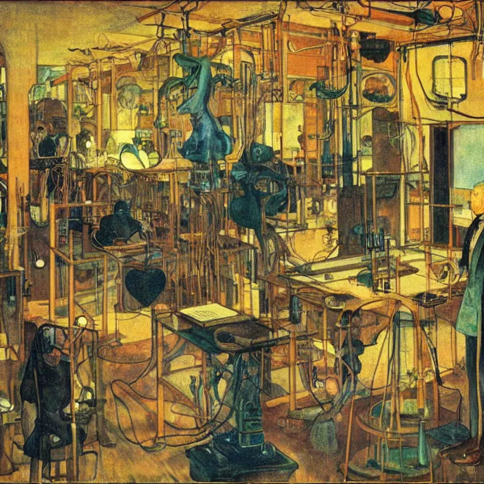 Image similar to the inventor in his laboratory with contraption, oceanian statues, cyberpunk, bioluminescent cables. lamp light. henri de toulouse - lautrec, jan van eyck, rene magritte, max ernst, walton ford, agnes pelton