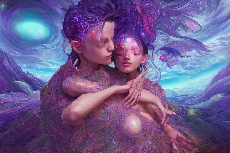 Image similar to a psychedelic realm at the edge of existence where intensely creative astral beings live, the astral beings are holding each other to share love, in the style of WLOP, illustration, epic, fantasy, hyper detailed, smooth, unreal engine, sharp focus, ray tracing