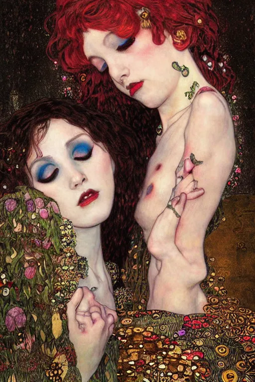 Image similar to two beautiful young succubuses, dark fantasy, kiss, highly detailed, artstation, illustration, art by Gustav Klimt