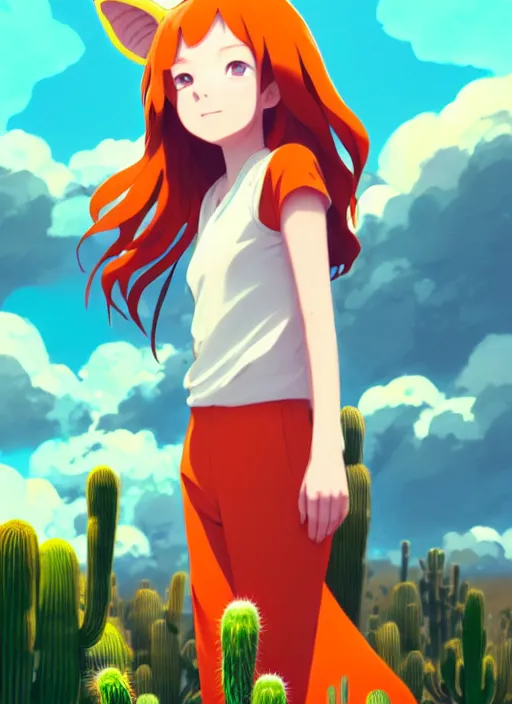 Image similar to portrait of cute redhead girl in orange jumpsuit with fox ears, holding a cactus, cloudy sky background lush landscape illustration concept art anime key visual trending pixiv fanbox by wlop and greg rutkowski and makoto shinkai and studio ghibli