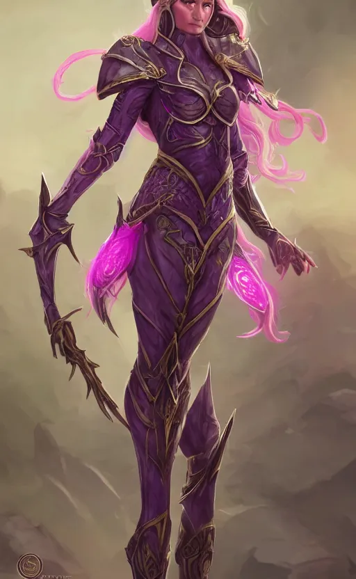 Image similar to a full body portrait of an elven woman with pink skin, and armor fit for a queen, wearing purple headphones, and smiling, dynamic lighting, photorealistic fantasy concept art, trending on art station, stunning visuals, creative, cinematic, ultra detailed