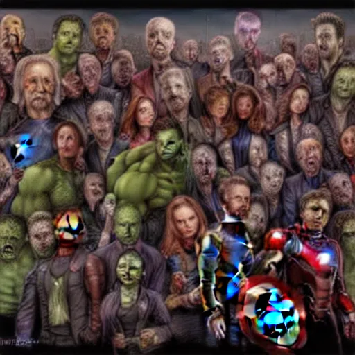 Prompt: a portrait of the avengers as zombies, highly detailed, digital photo, hdri, by christopher bretz and john carpenter, vivid colors, high contrast, 8 k resolution, intricate, photorealistic, smooth, psychedelic color scheme, concept art, award winning, cg society contest winner