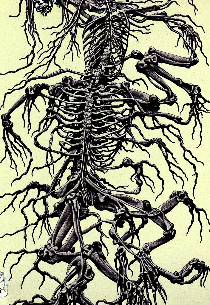 Image similar to prompt: anatomy dissection drawing skeleton Bonsai tree squid creature roots merging into big moon drawn by Takato Yamamoto, bonsai skeleton anatomy atlas, veins and organs attached to tree roots, alchemical objects inspired by 1980's sci-ci, old experimentation cabinet, intricate oil painting detail, manga 1980