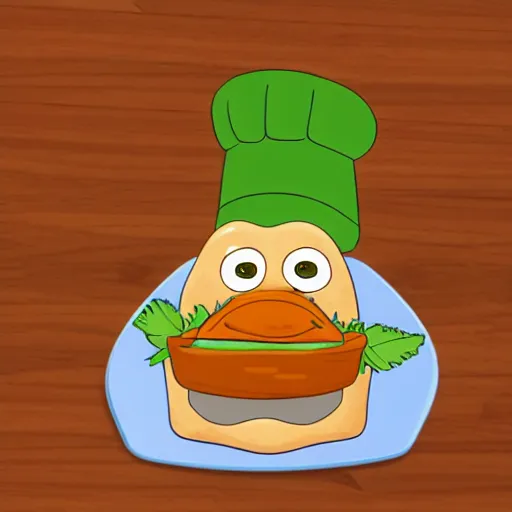 Image similar to pixar style cute platypus on a kitchen wearing a chef hat and holding a lasagna into an over, with three basil leaves over the lasagna, pixar style, 3 d, ratatouille style