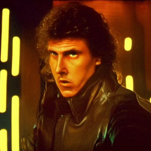 Image similar to Weird al Yankovic as Rick Deckard on blade runner 1982, slightly smiling, wide angle lens, movie still, in color, movie frame, detailed face, symmetrical face, 4k