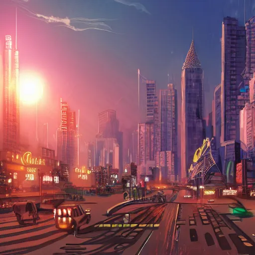 Image similar to mumbai in the future, city streets, golden hour, distopian fantasy, trending on pixiv