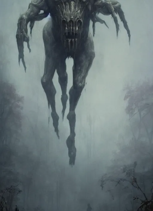 Image similar to a creepy atmospheric painting of a slender humanoid minotaur creature emerging from the mist. painting by greg rutkowski and hr giger.