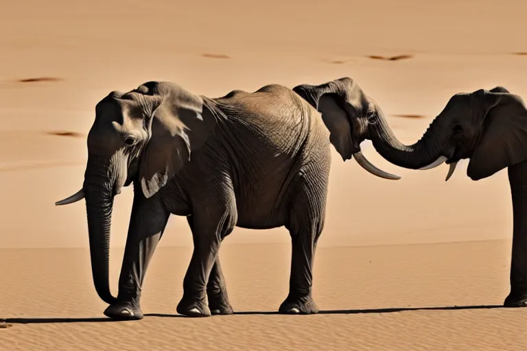 Prompt: an elephant having a conversation with a girrafe, sahara desert