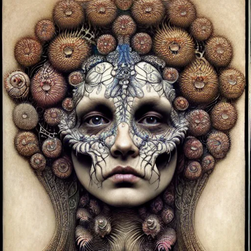 Image similar to detailed realistic beautiful calaveras death goddess face portrait by jean delville, gustave dore, iris van herpen and marco mazzoni, art forms of nature by ernst haeckel, art nouveau, symbolist, visionary, gothic, neo - gothic, pre - raphaelite, fractal porcelain lace, intricate alien botanical biodiversity, surreality, hyperdetailed ultrasharp octane render