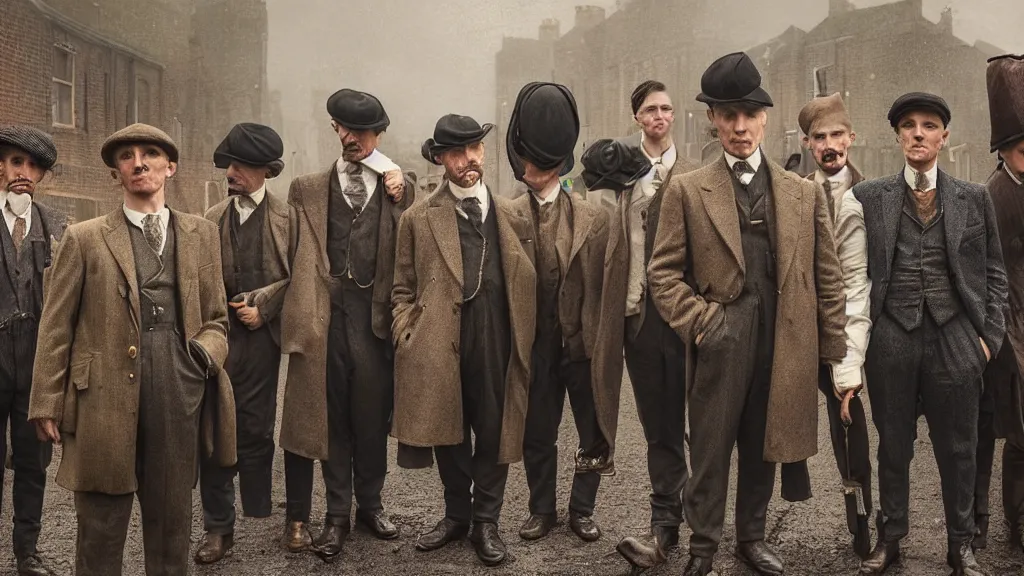 Prompt: a group of human peanuts dressed like the peaky blinders