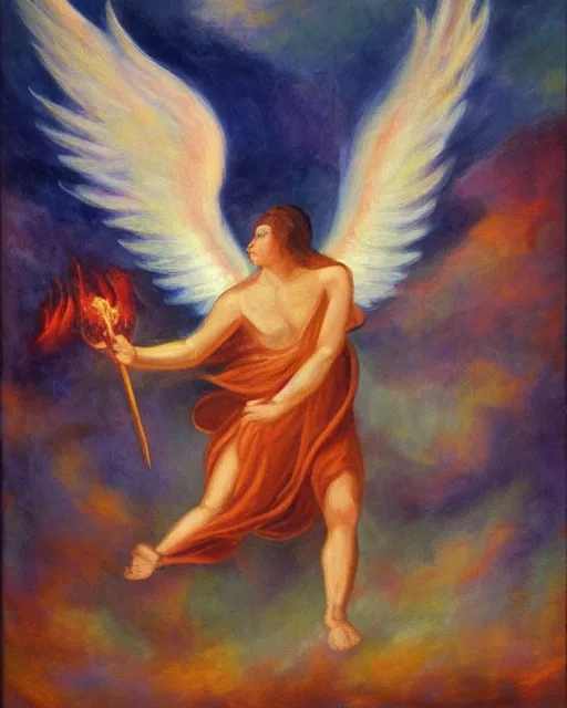 Prompt: a painting of an angel burning it’s wings. In the style of James a Jean.