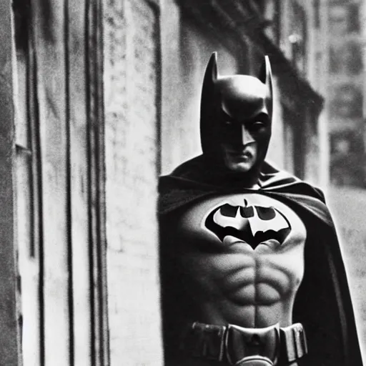 Image similar to old black and white photo portrait, 1 9 2 5, close - up portrait depicting batman standing proudly in alley of new york city, rule of thirds, historical record