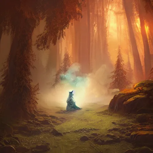 Prompt: d & d character : a corgi mage wearing a beautiful and intricate robe, beautiful scenic forest background, swirling mist, glowing magic spell effects, highly detailed digital illustration, greg rutkowski, trending on artstation