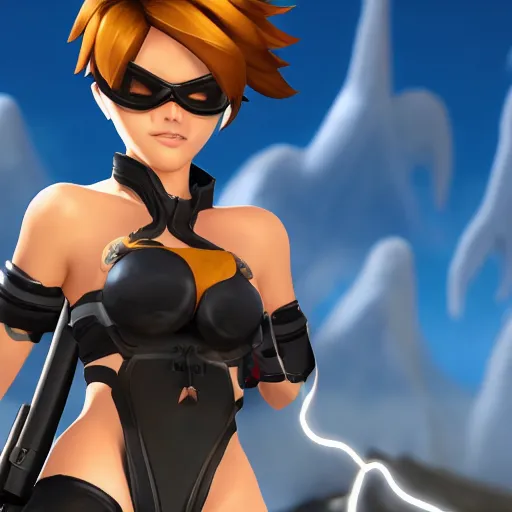 tracer game character, in black bikini, blonde hair